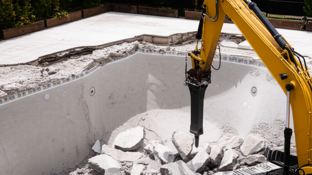 Pool being demolished with excavator
